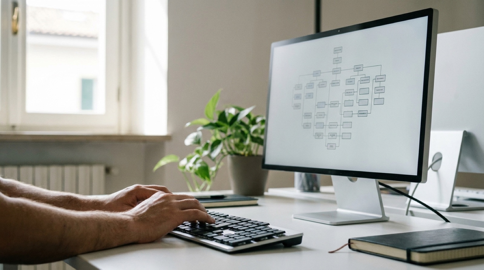 Uno schema di processo fatto di riquadri collegati da linee sul monitor di una scrivania ordinata
