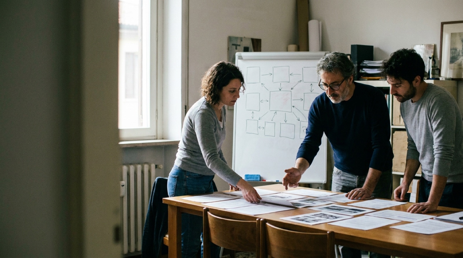 Tre persone attorno a un tavolo riorganizzano il lavoro della settimana davanti a una lavagna con uno schema disegnato a mano