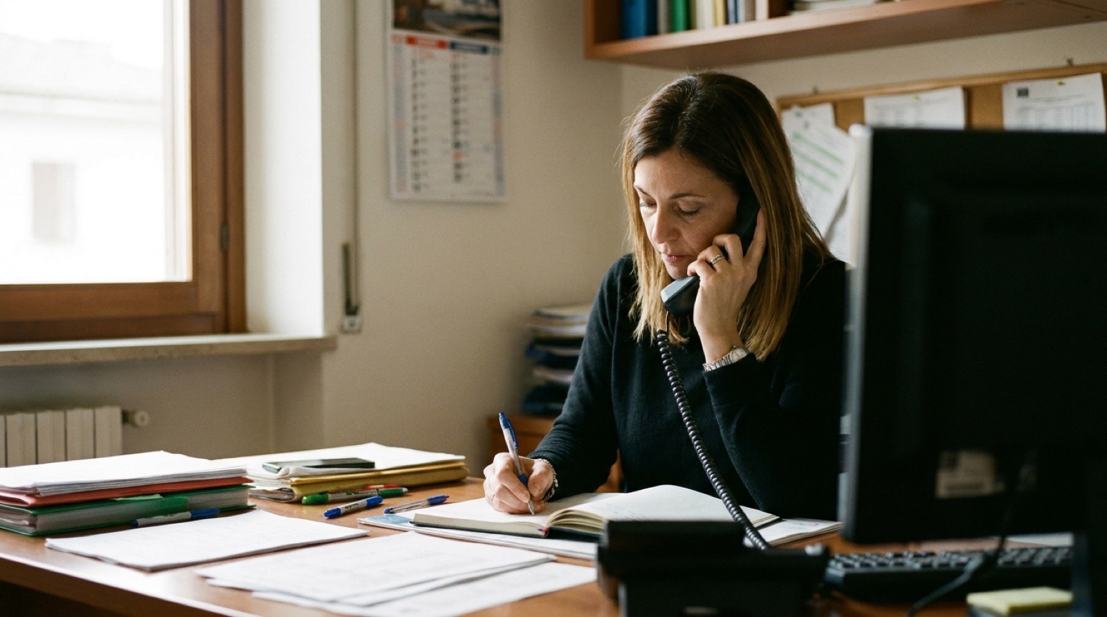 Una persona prende appunti su un quaderno mentre parla al telefono nell'ufficio commerciale