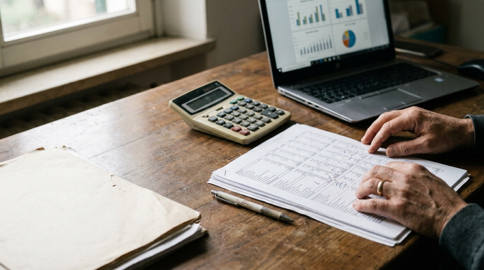 Un report stampato pieno di tabelle, una calcolatrice e un laptop con grafici su una scrivania in legno